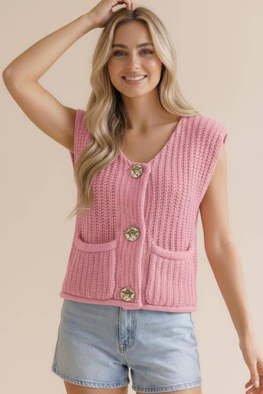 Gold Button Down Chunky Sweater Vest Curvy