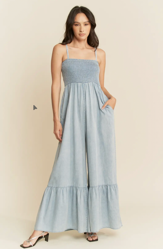 Mineral Washed Smocking Bodice Jumpsuit