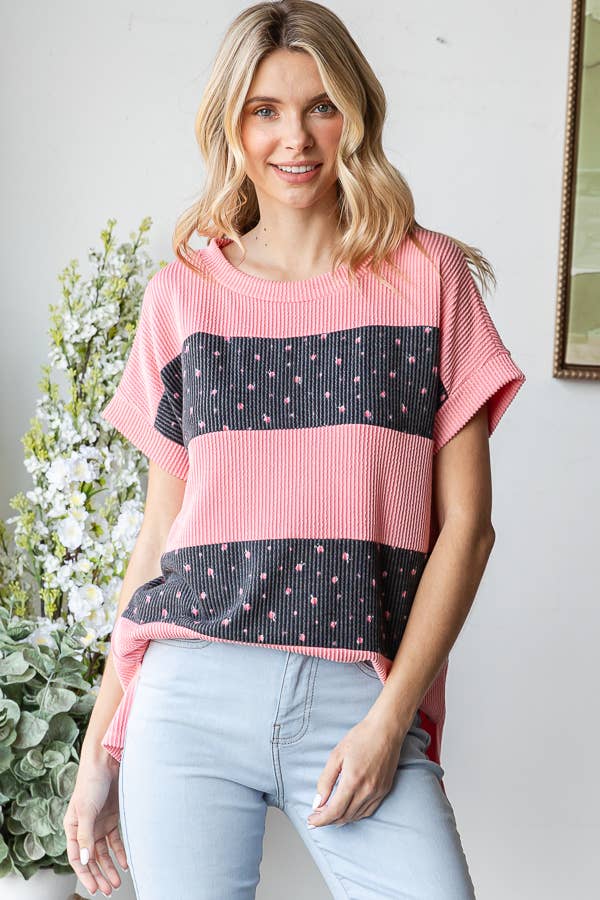 Floral Rib Side Slit Hi Low Banded Short Sleeve Top