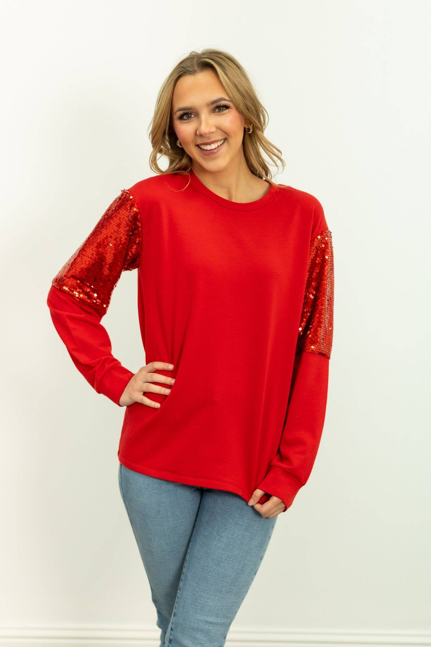 Light Weight Sequins Sweatshirt, Red