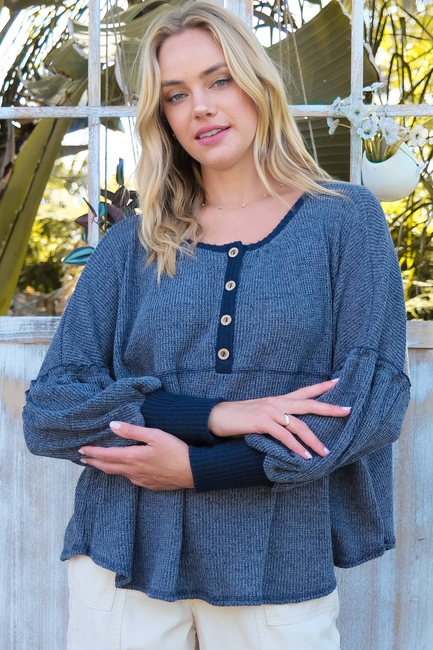 Roomy fit long sleeve top with placket-LT6491