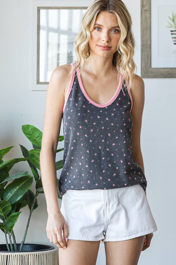 Floral Scoop Neck Solid Rib Contrast Trim Tank Top