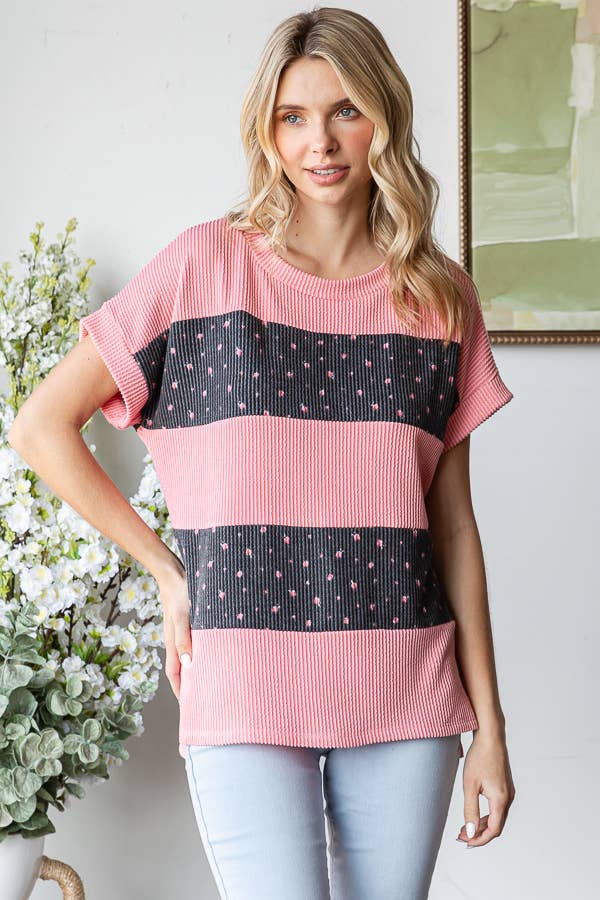 Floral Rib Side Slit Hi Low Banded Short Sleeve Top