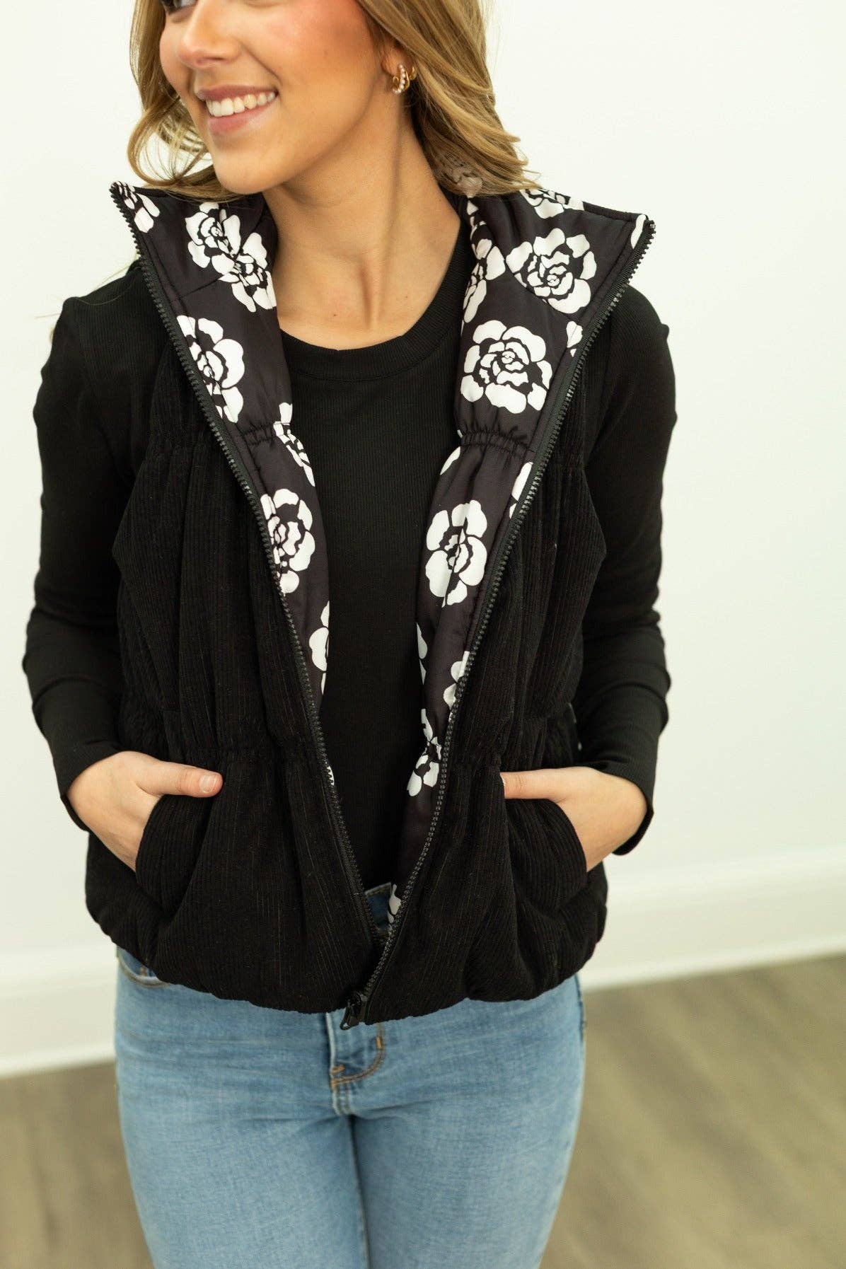 The Gillian Reversible Black and Floral Puffer Vest