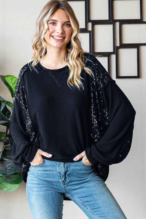 Brushed Drop Shoulder Sequin Contrast Pullover Top T5400