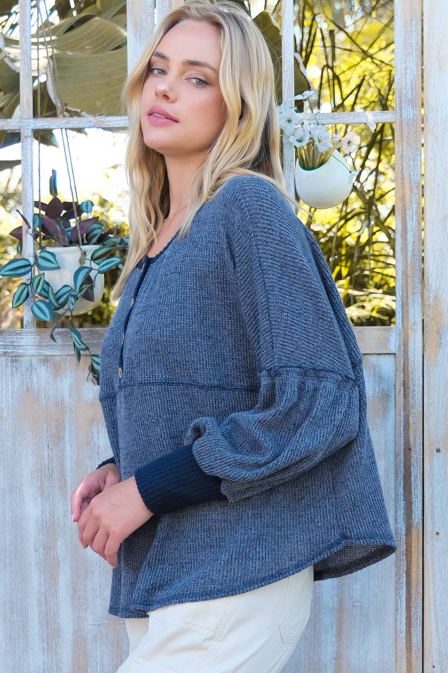 Roomy fit long sleeve top with placket-LT6491