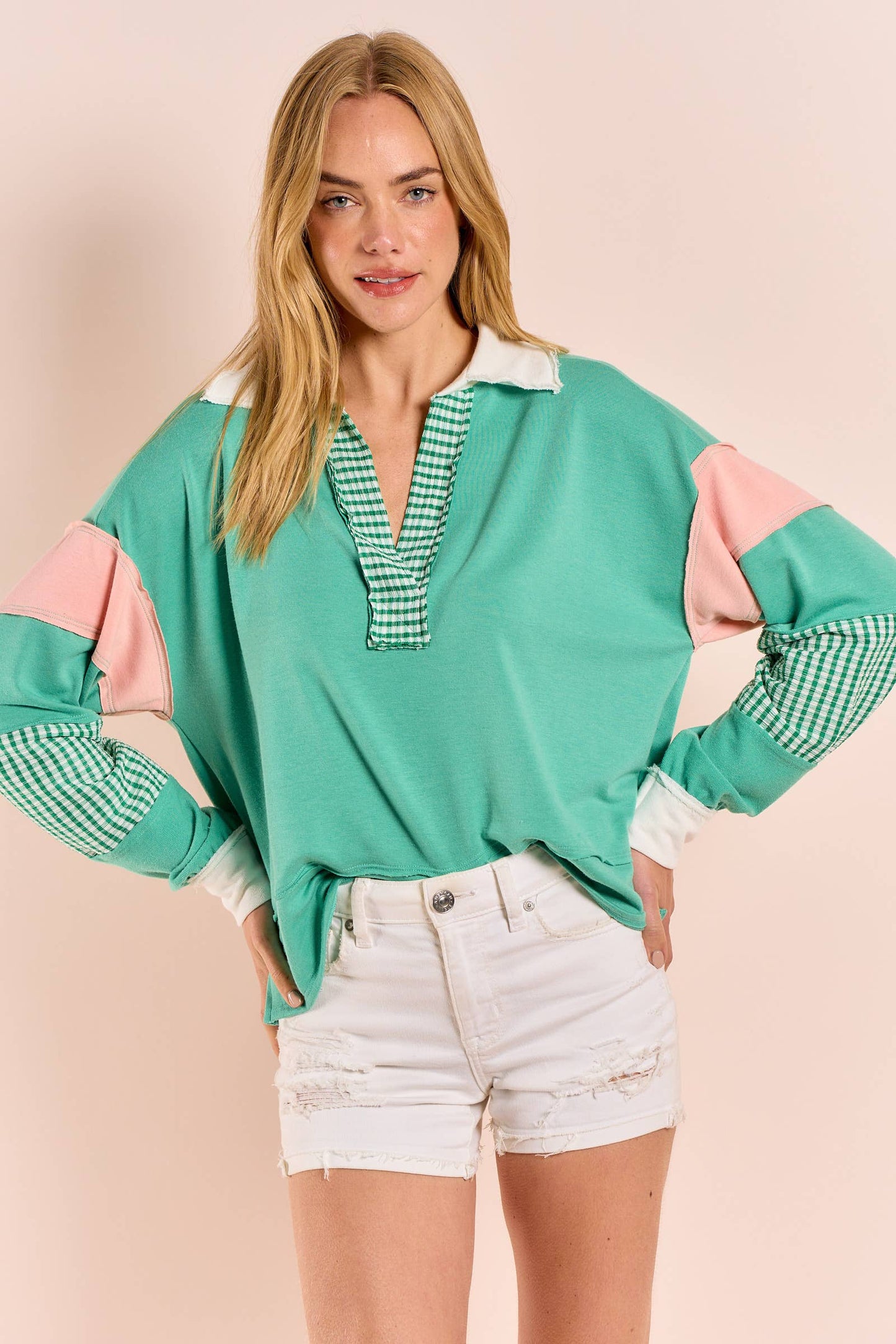 Plus color block collared top with striped panels-PLT11201