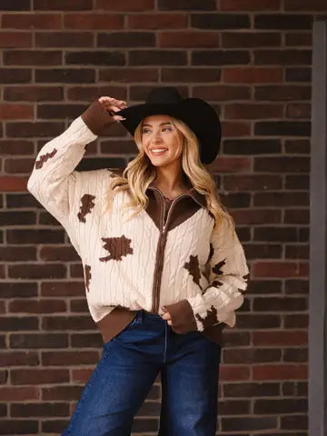 Zip Cow Print Sweater