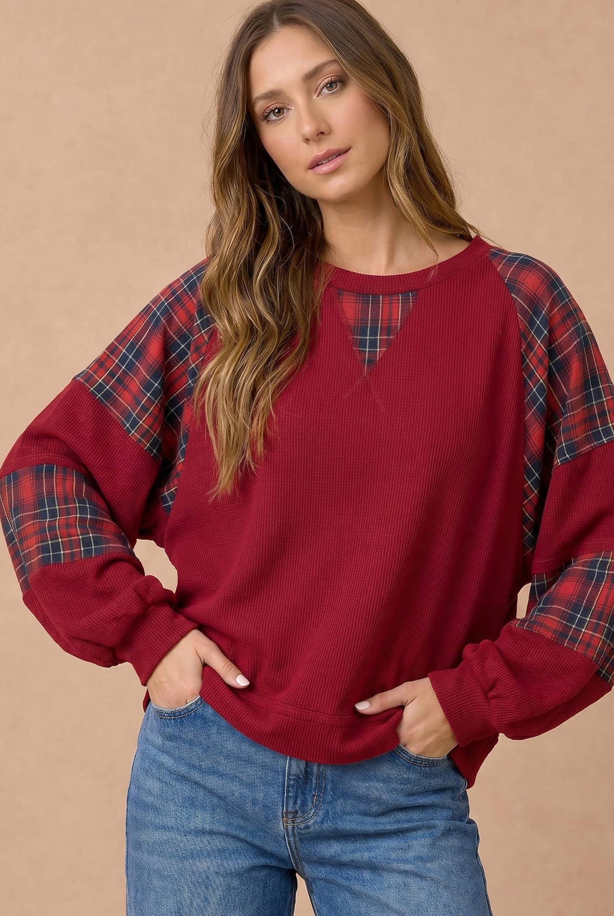 Plaid Contrast Raglan Rib Knit Pullover Curvy