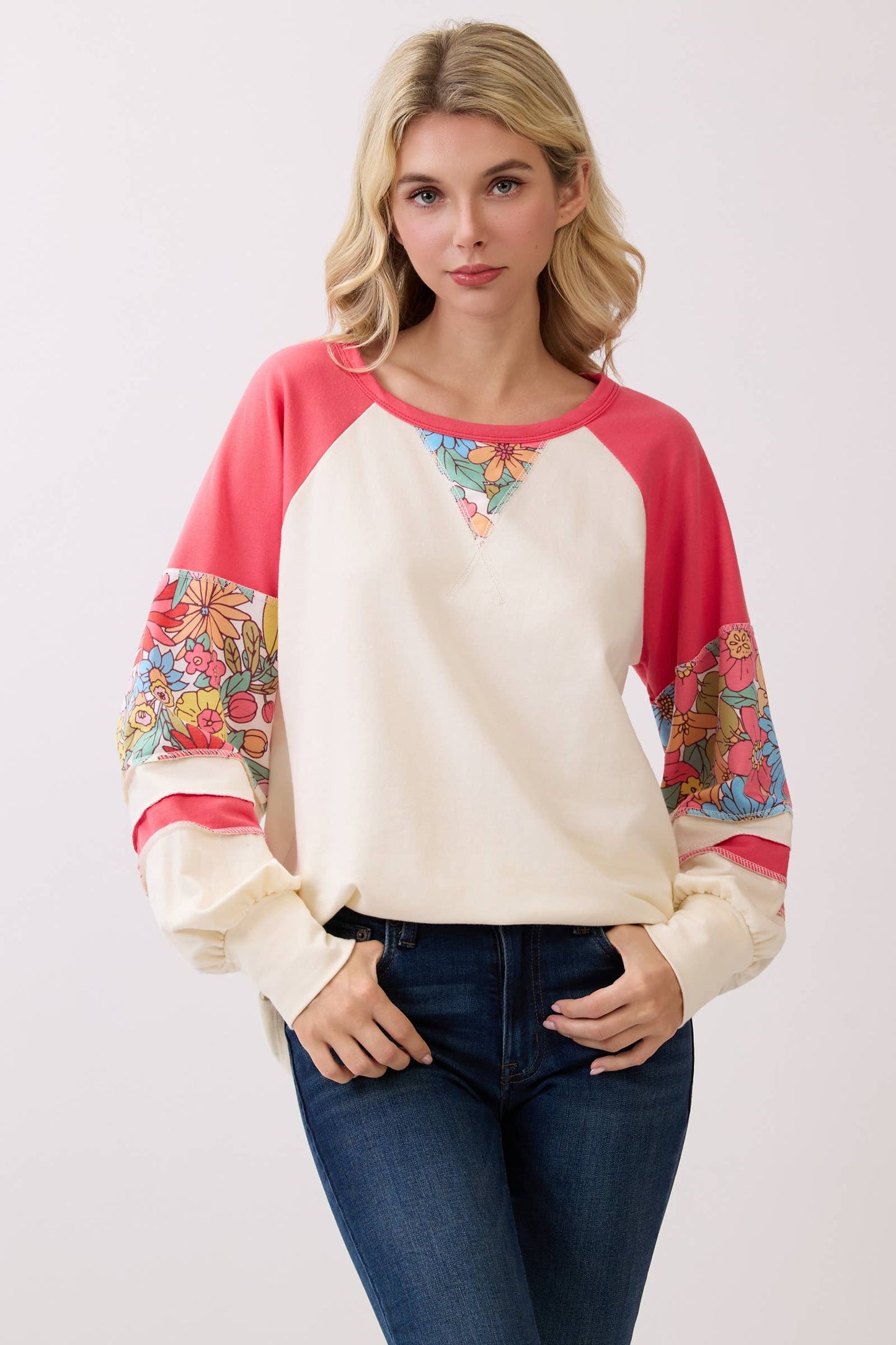 Floral Contrast Color Block Pullover Top
