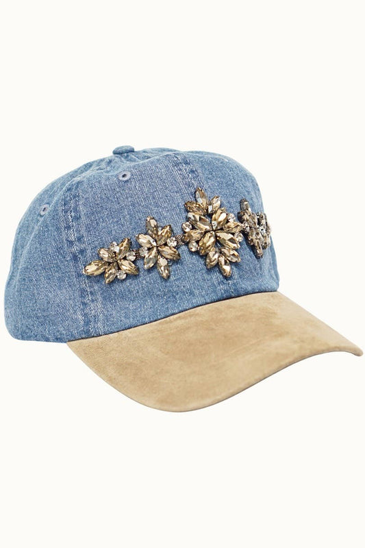 Bejewelled Denim Baseball Cap with Suede Bill, Adjustable
