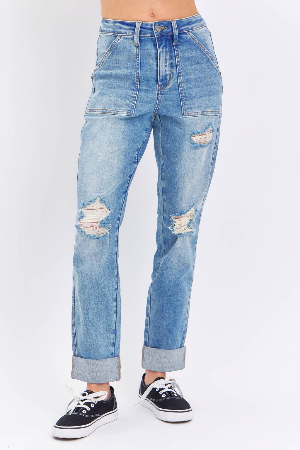 High Waisted Distressed Boyfriend with Patch Pockets - PLUS