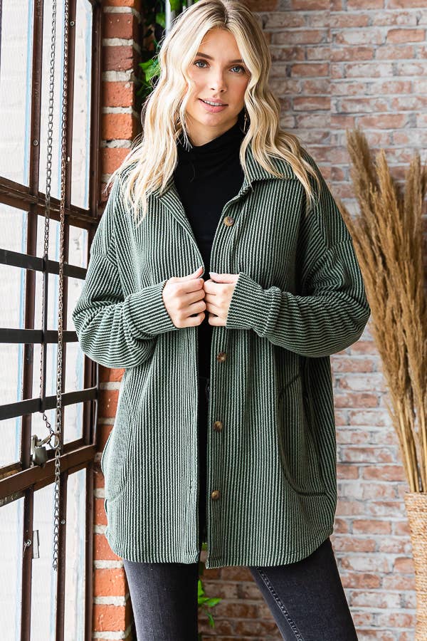 Solid Rib Button Down Side Pockets Long Sleeve Shacket T5256