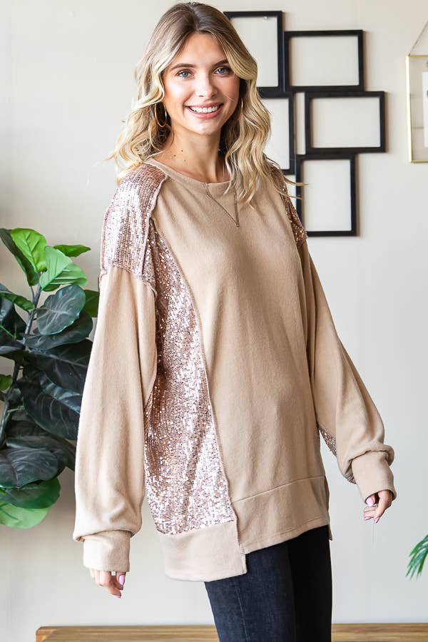 Brushed Drop Shoulder Sequin Contrast Pullover Top T5400