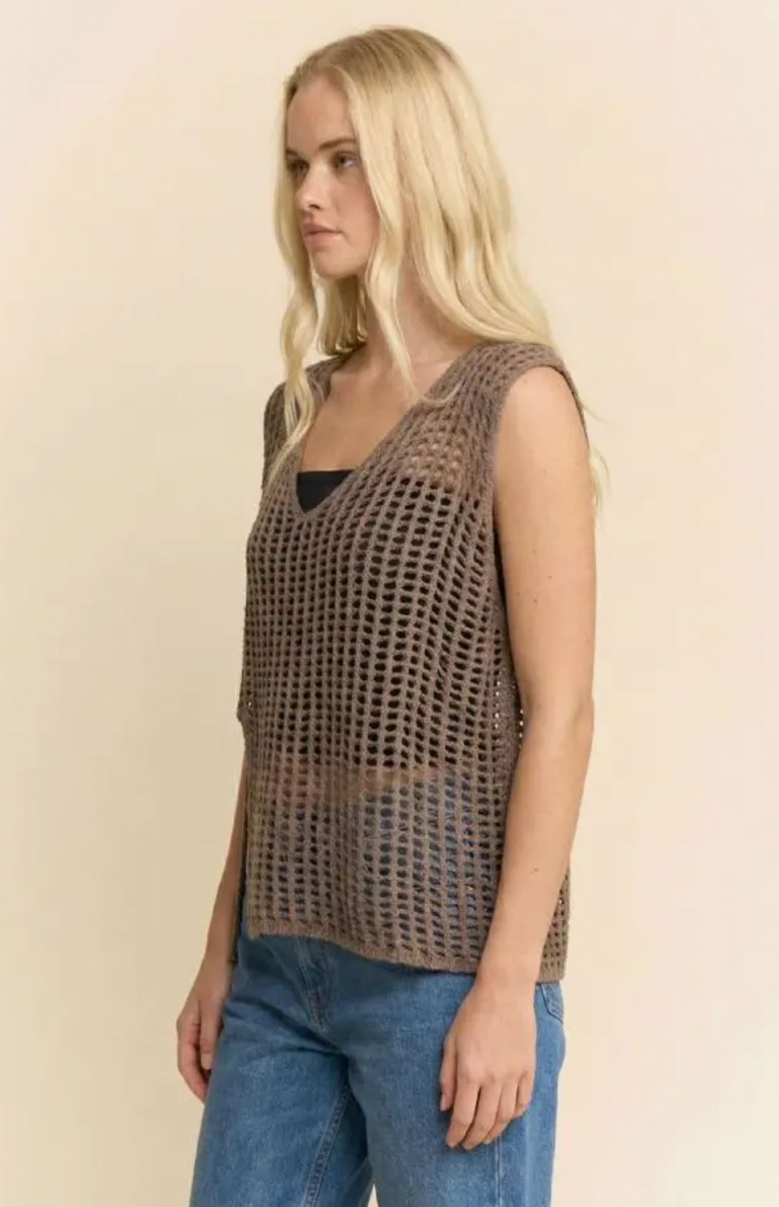 Open Mesh Crochet V-Neck Sweater Vest- Curvy
