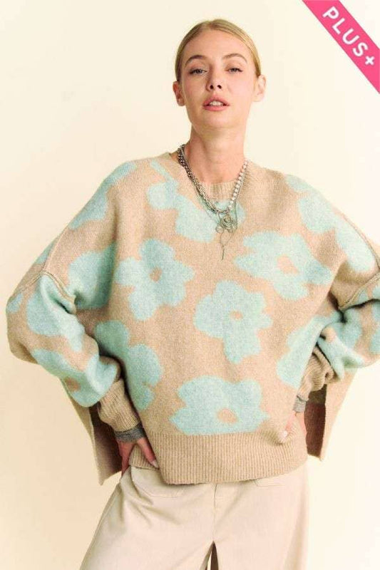 PLUS FLORAL LONG SLEEVE LOOSE FIT PULLOVER SWEATER