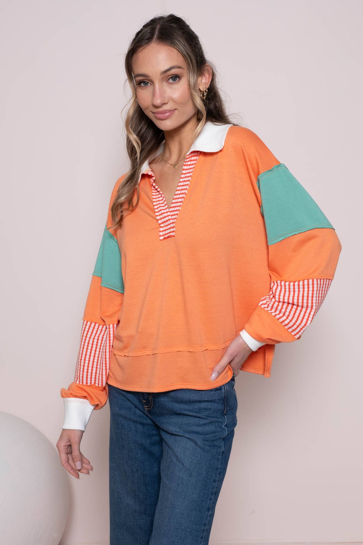 Plus color block collared top with striped panels-PLT11201