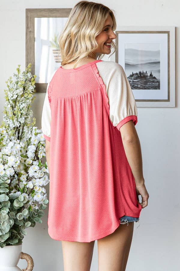 Ruffle Trim Lace Contrast Raglan Short Sleeve Top