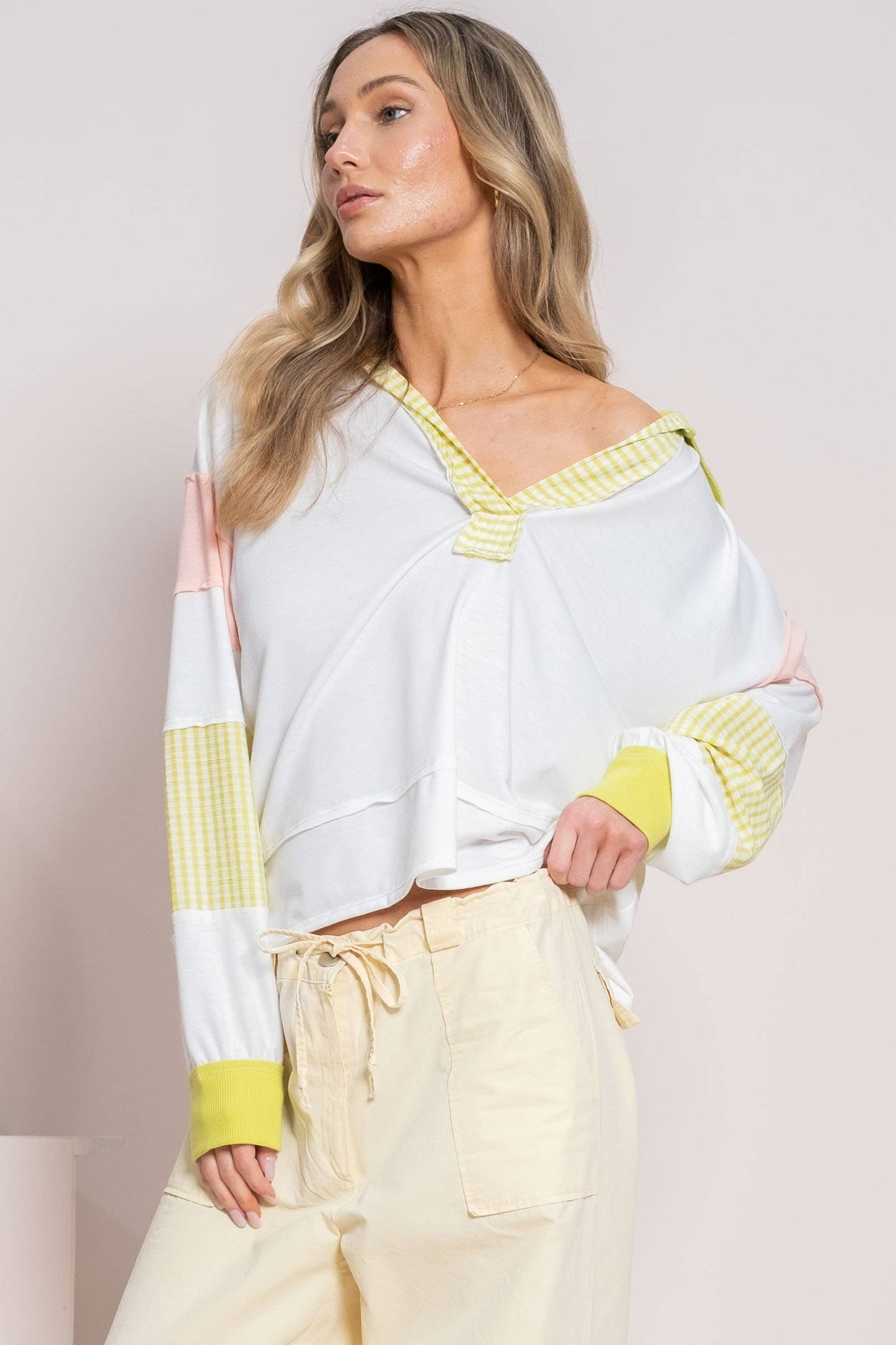 Plus color block collared top with striped panels-PLT11201