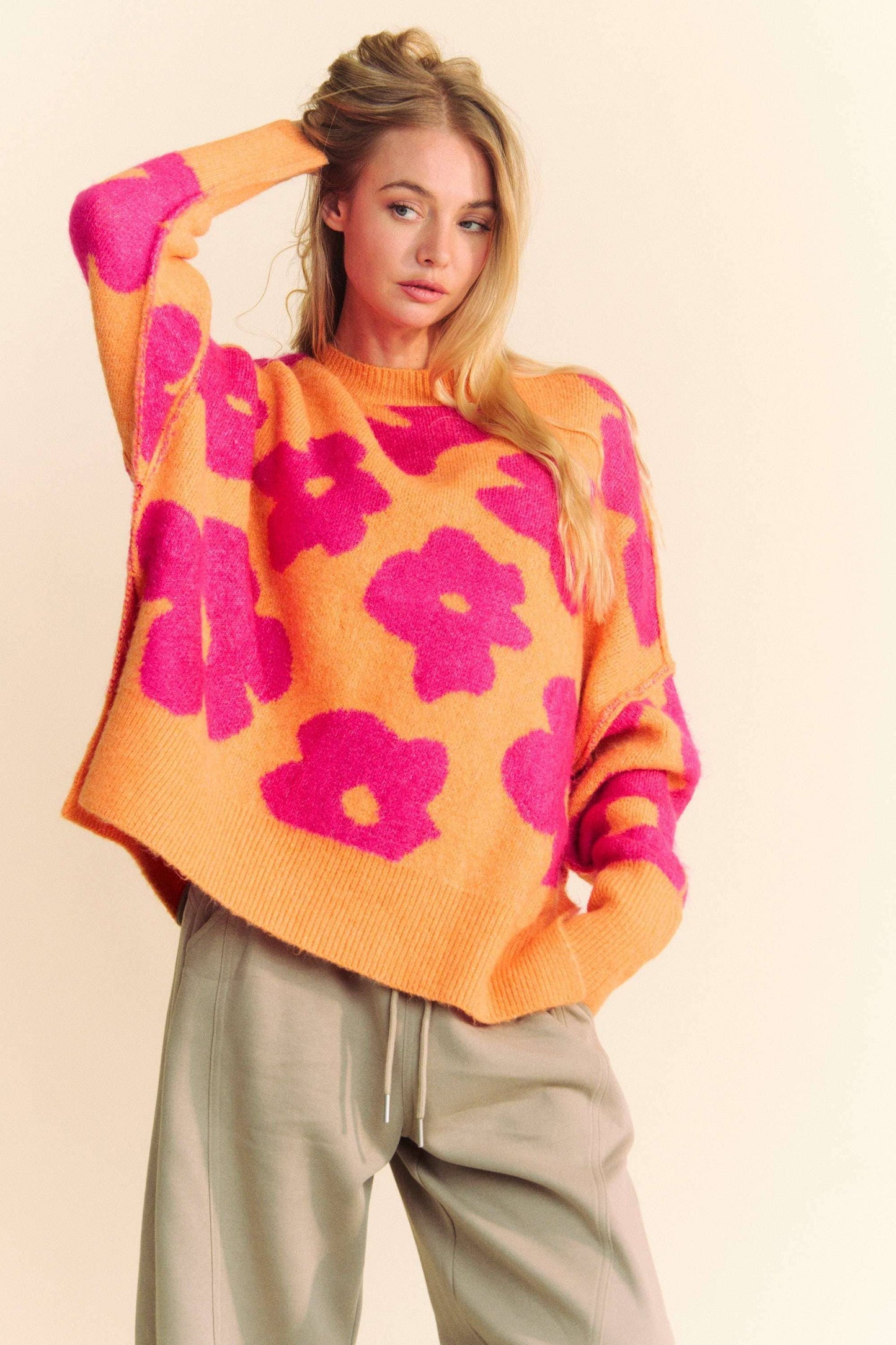 FLORAL LONG SLEEVE LOOSE FIT PULLOVER KNIT SWEATER