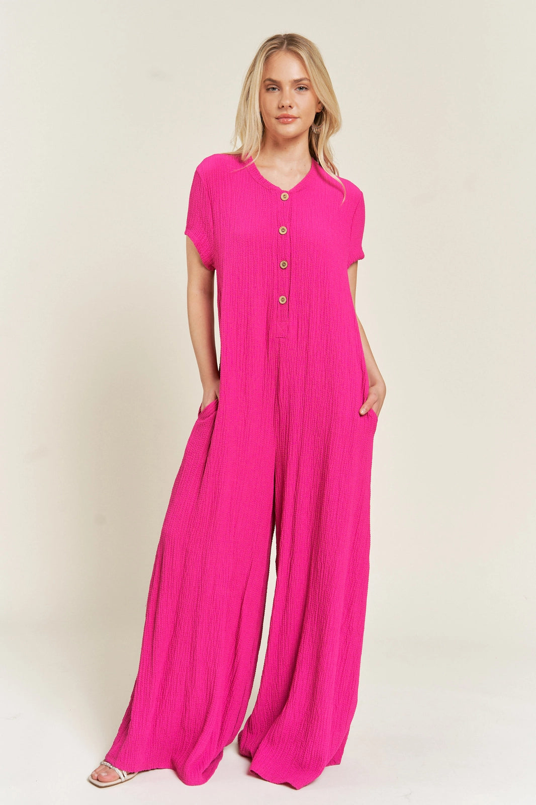Textured Short Sleeve Jumpsuit Curvy