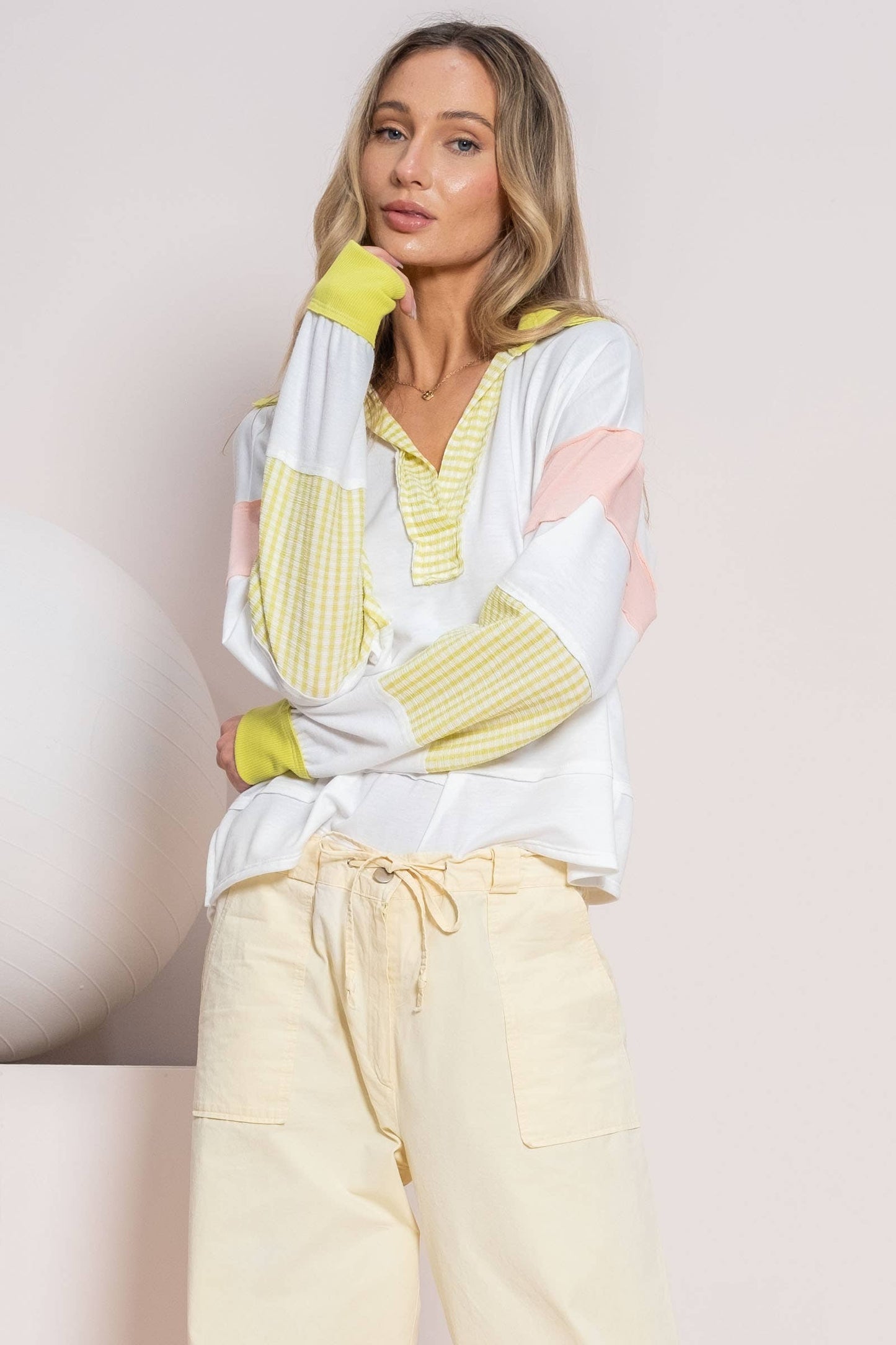 Plus color block collared top with striped panels-PLT11201