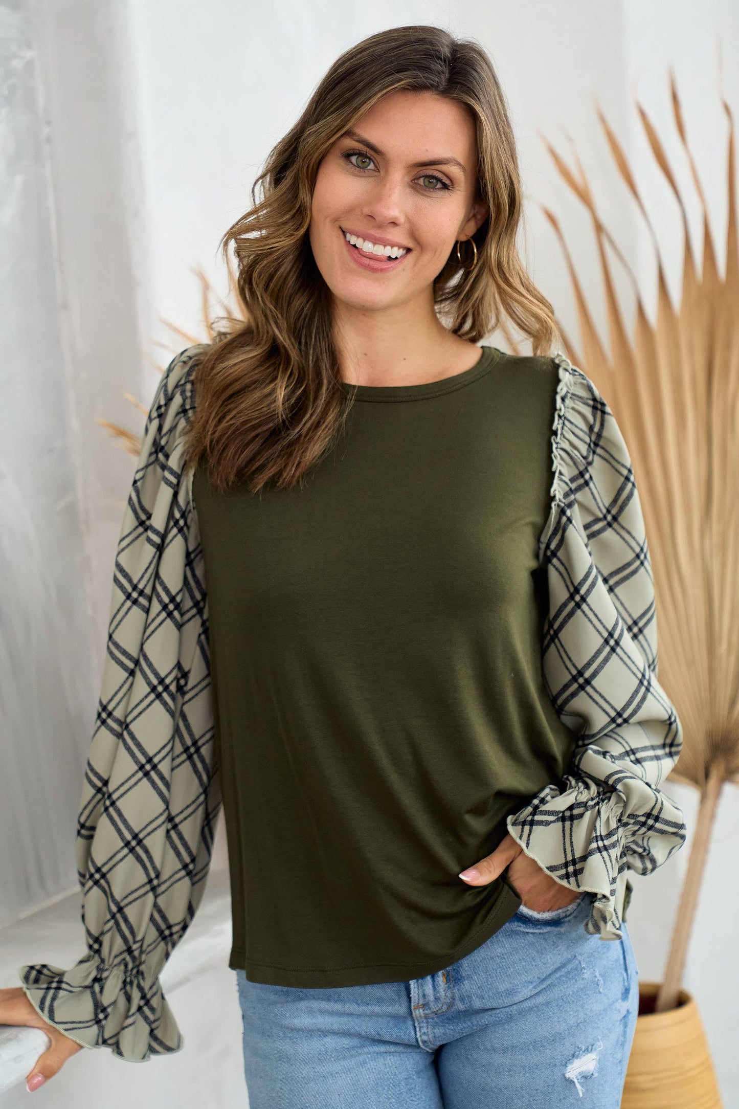 Plus jersey top with woven contrast check print-PLT10510