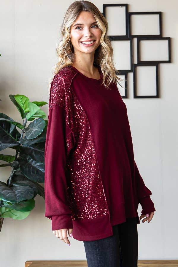 Brushed Drop Shoulder Sequin Contrast Pullover Top T5400