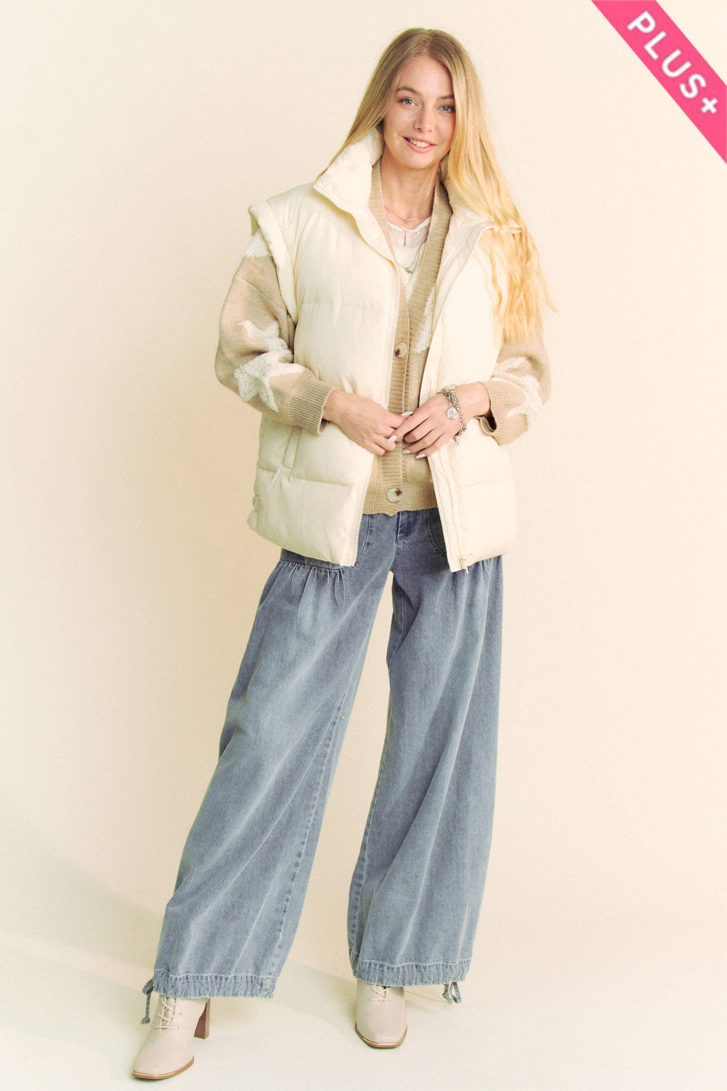 PLUS SOLID SLEEVELESS ZIPPER PUFFER JACKET VEST