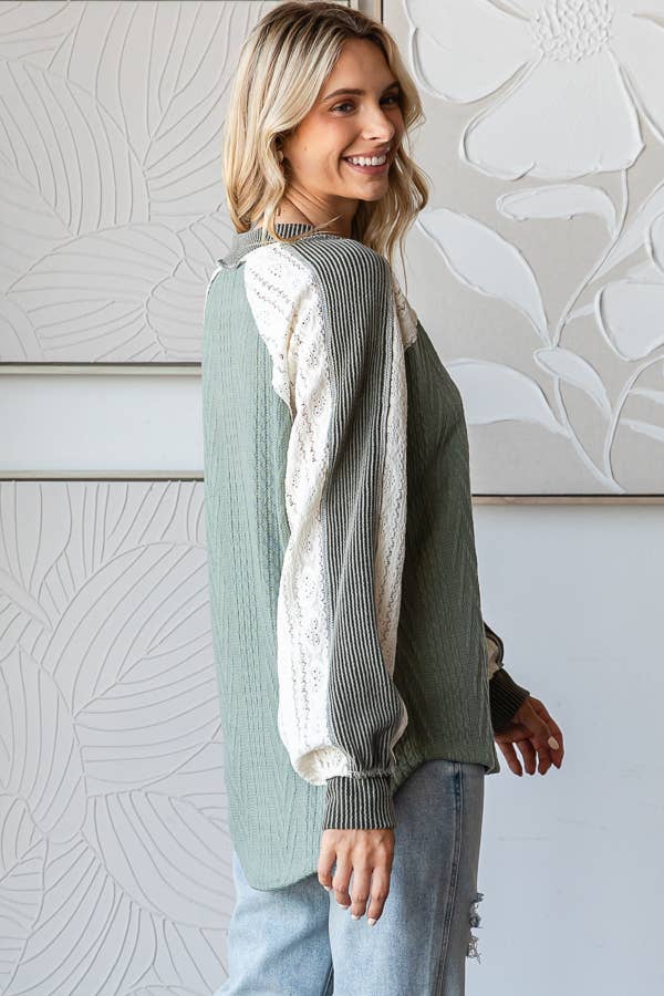 Cable Knit Color Block V Neck Long Sleeve Top T5694