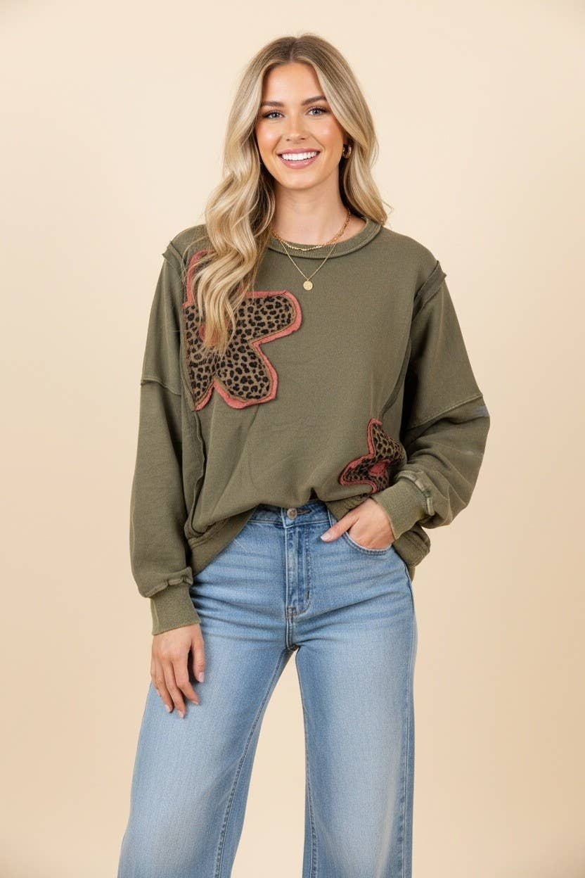 Leopard Flower Patch Oversized Sweatshirt Curvy