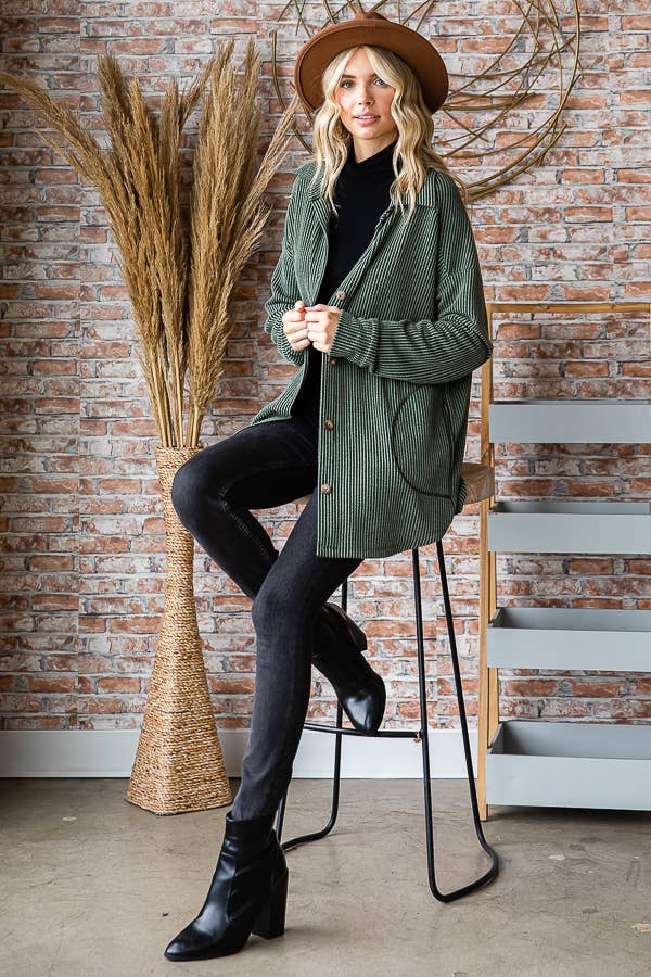 Solid Rib Button Down Side Pockets Long Sleeve Shacket T5256