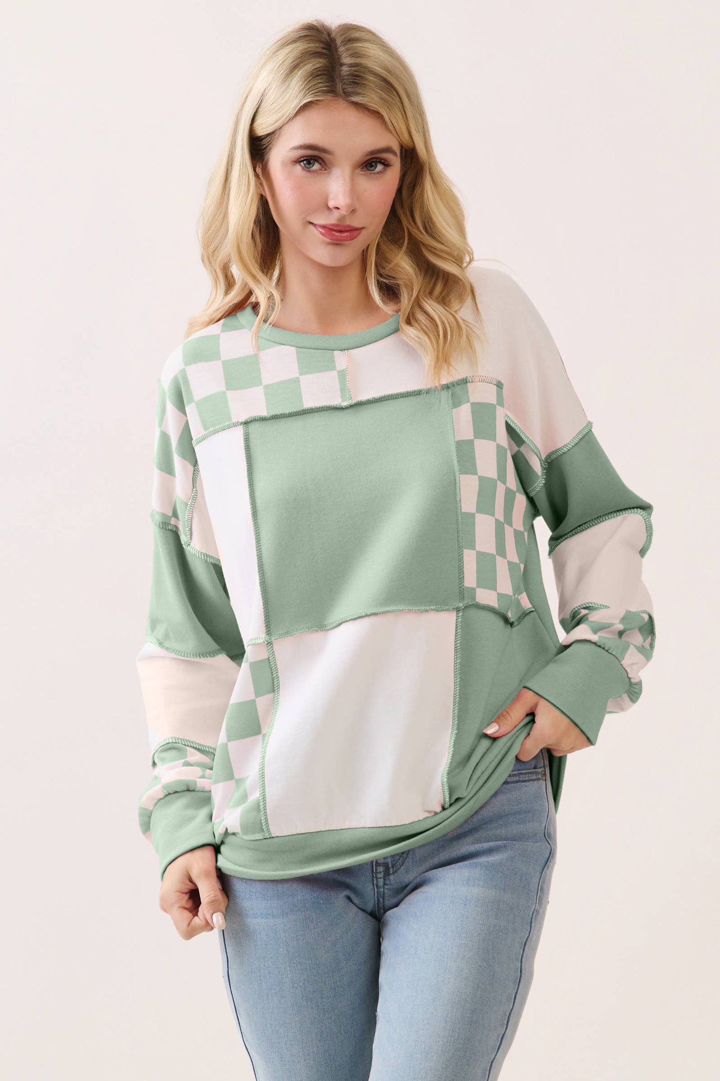 Checkered Print Patchwork Top
