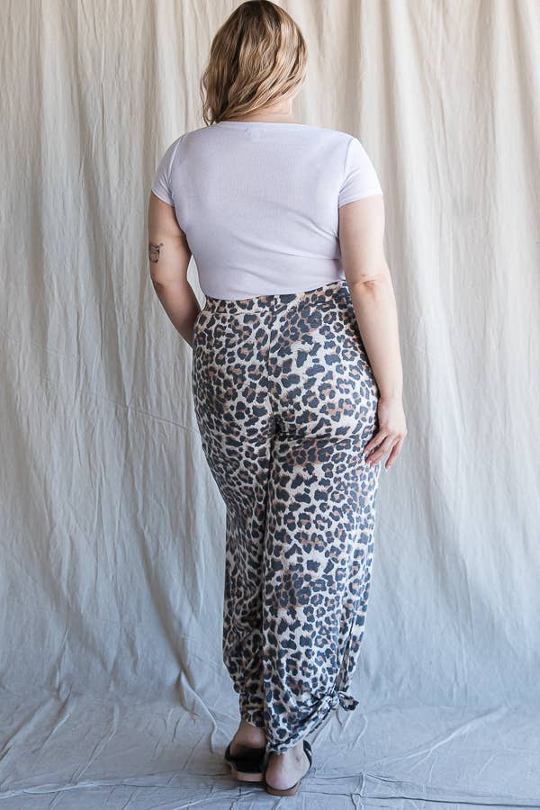 Leopard Print Side Slit Ankle Tie Pants Curvy