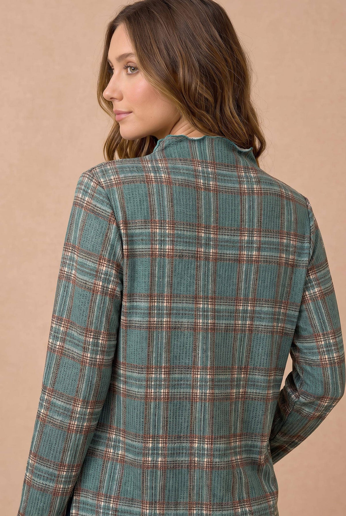 Plaid Mock Neck Frilled Hem Top