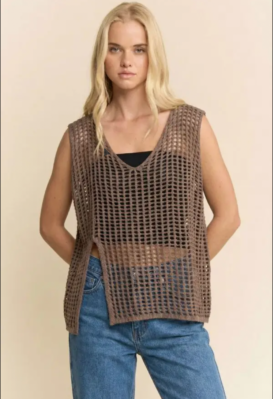 Open Mesh Crochet V-Neck Sweater Vest- Curvy