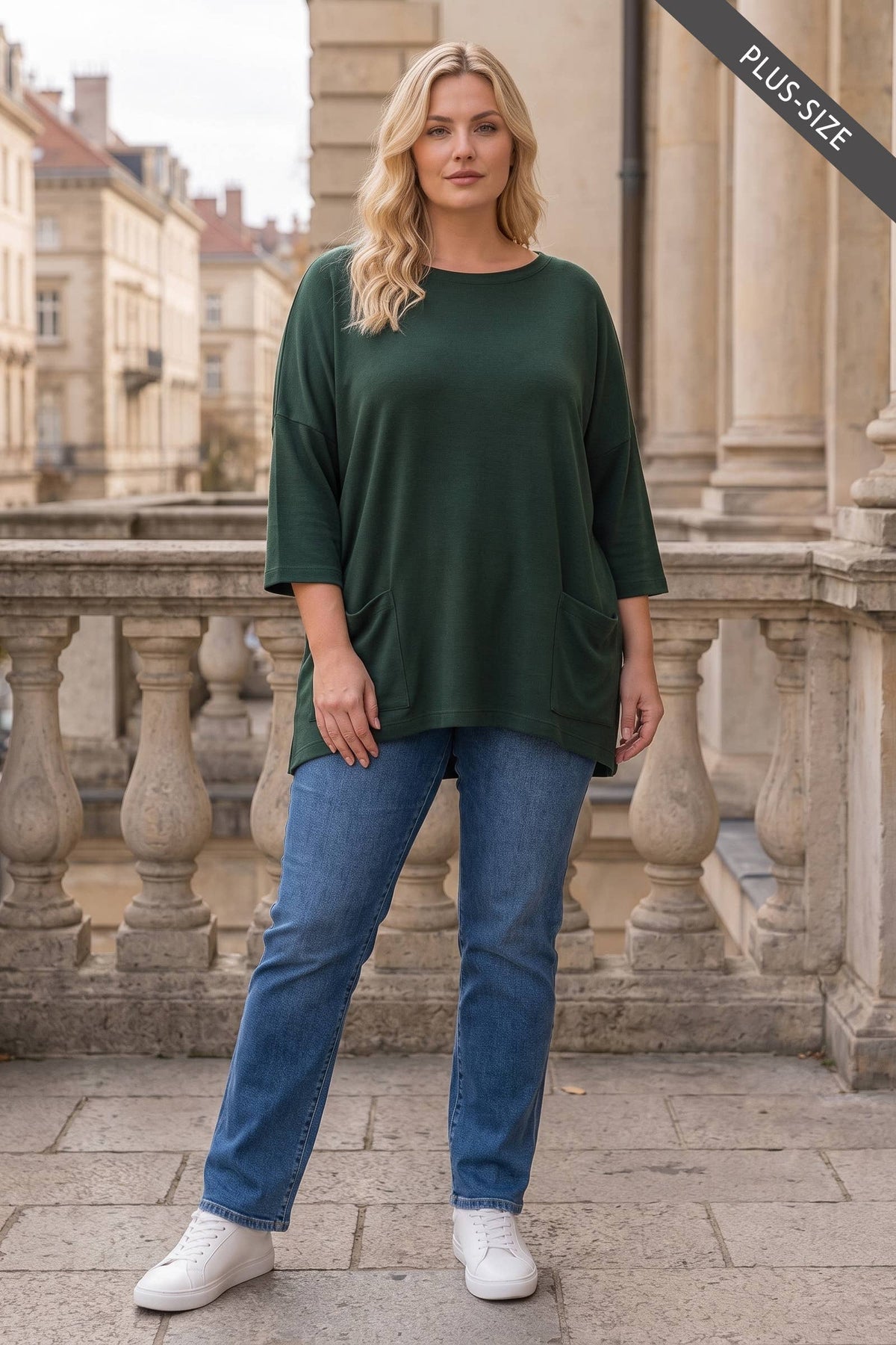 Double Front Pocket 3/4 Sleeve Knit Top Curvy