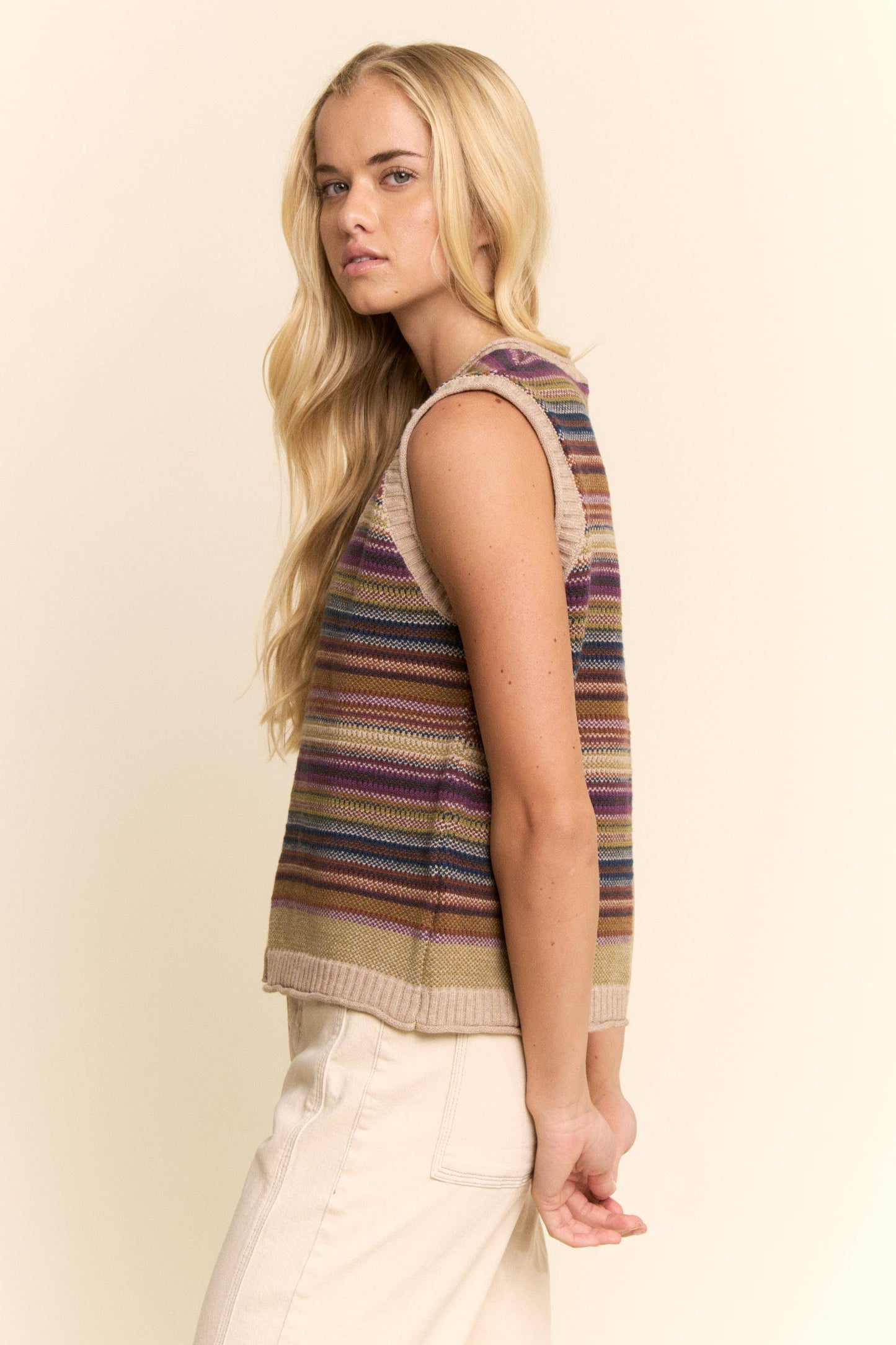 BUTTON-DOWN FRONT MULTICOLOR STRIPES RIBBED TRIM