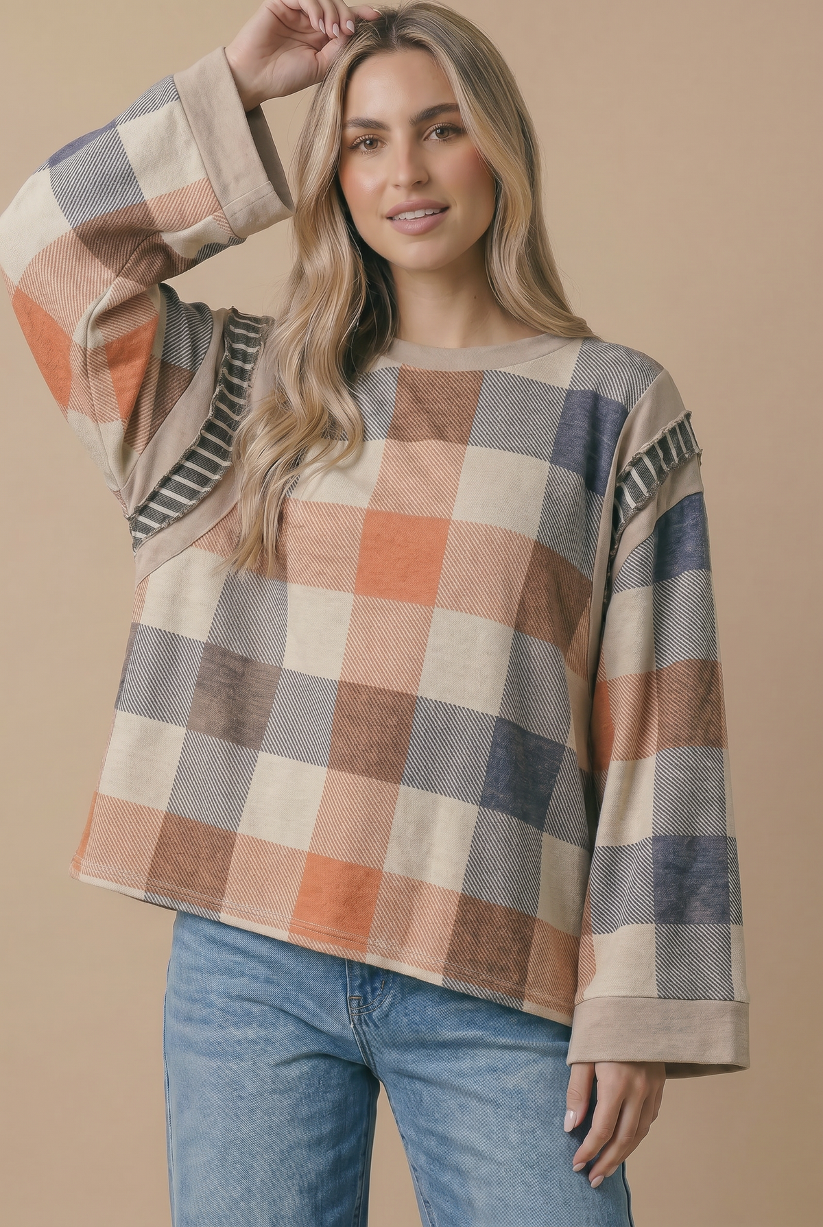 Plaid Colorblock Pullover Knit Top Curvy