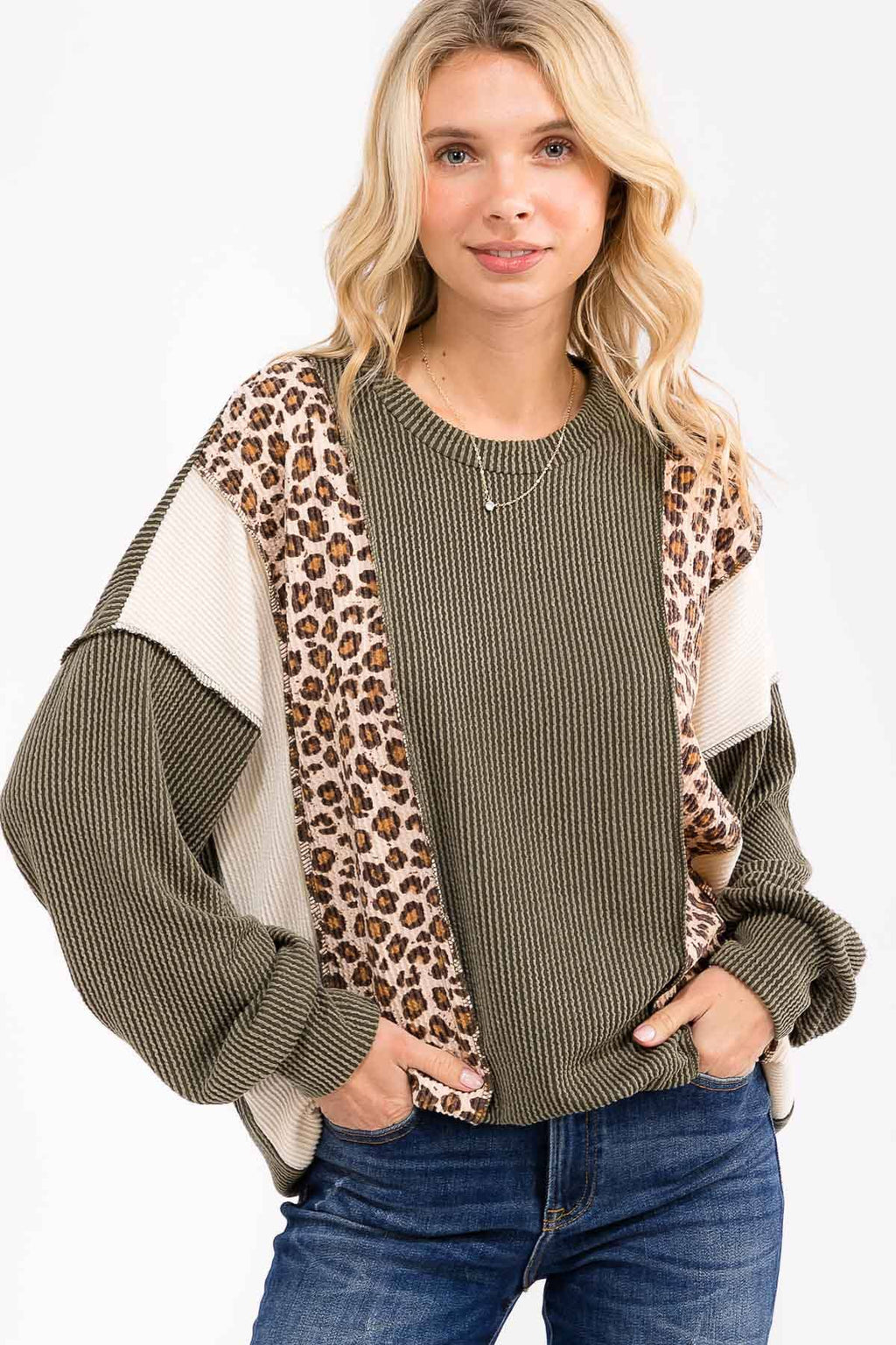 Color Block Rib Knit Oversized Pullover Top T6109