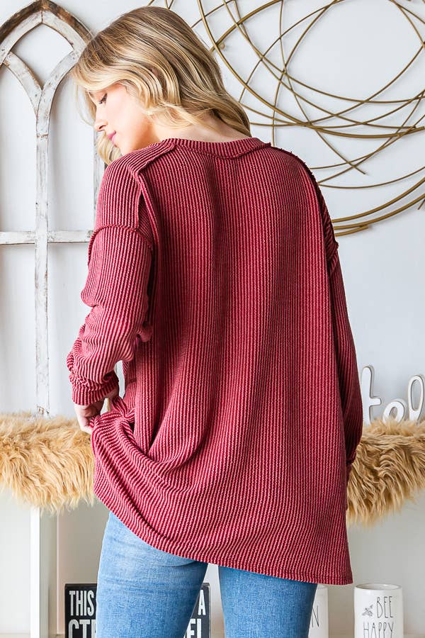 [PLUS SIZE] Rib V-Neck Drop Shoulder Long Sleeve Top T5240XL