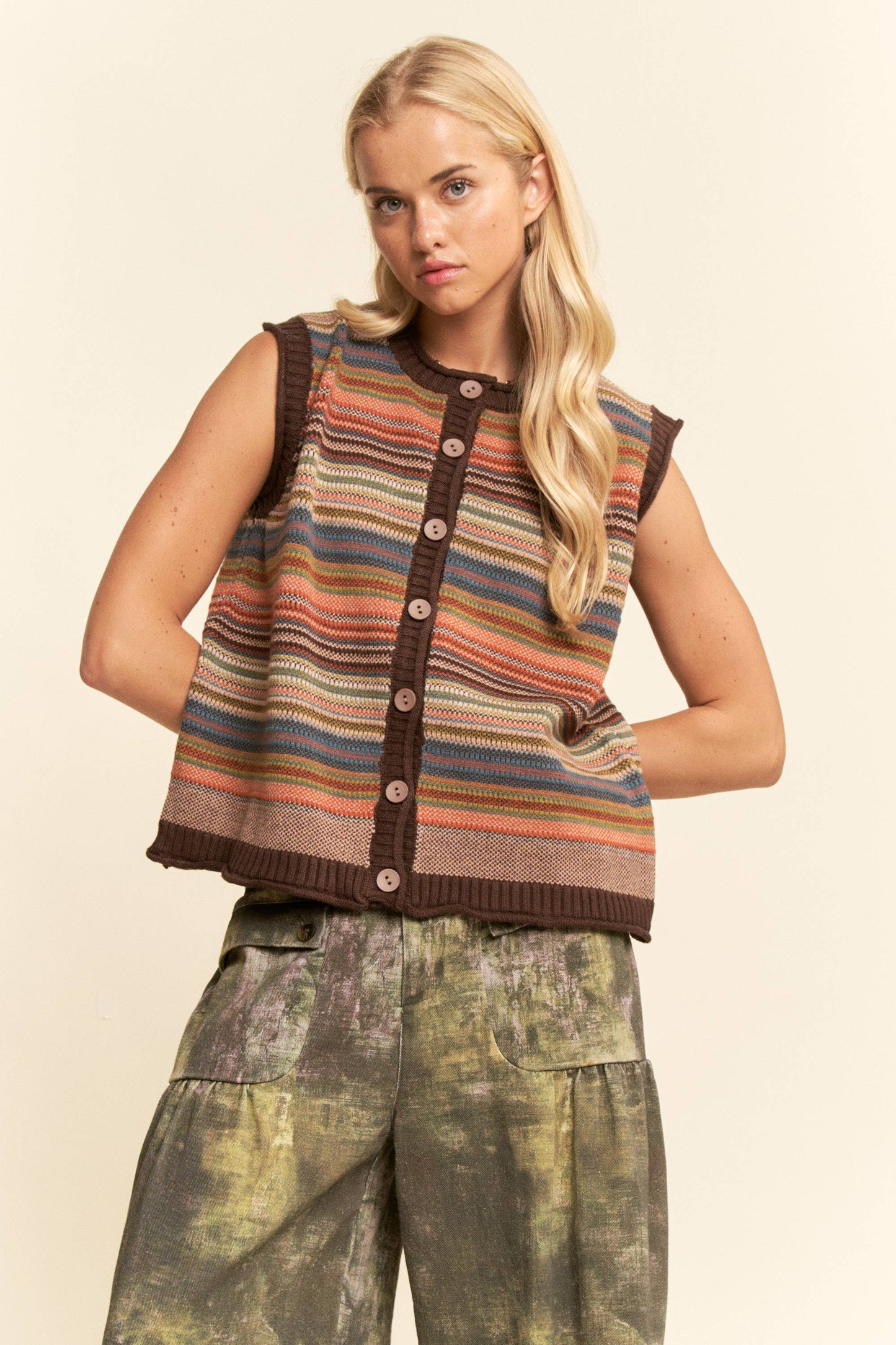 BUTTON-DOWN FRONT MULTICOLOR STRIPES RIBBED TRIM