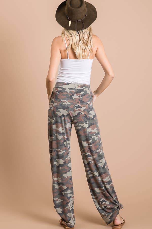 Camo Print Split Side Ankle Tie Women's Casual Pants P3585