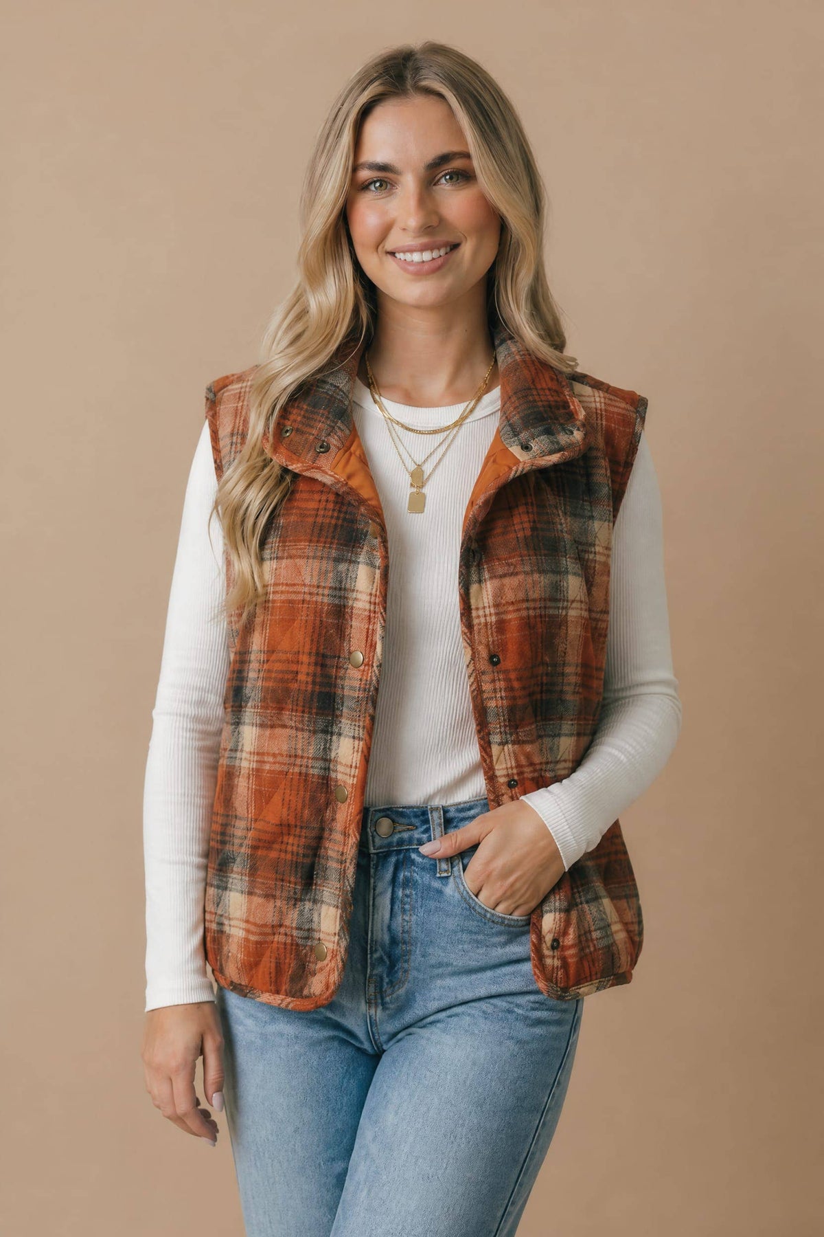 Plaid Quilted Snap Button Puffer Vest Curvy