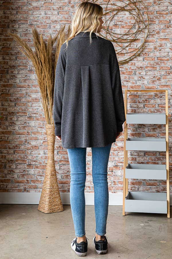 Solid Rib Button Down Side Pockets Long Sleeve Shacket T5256