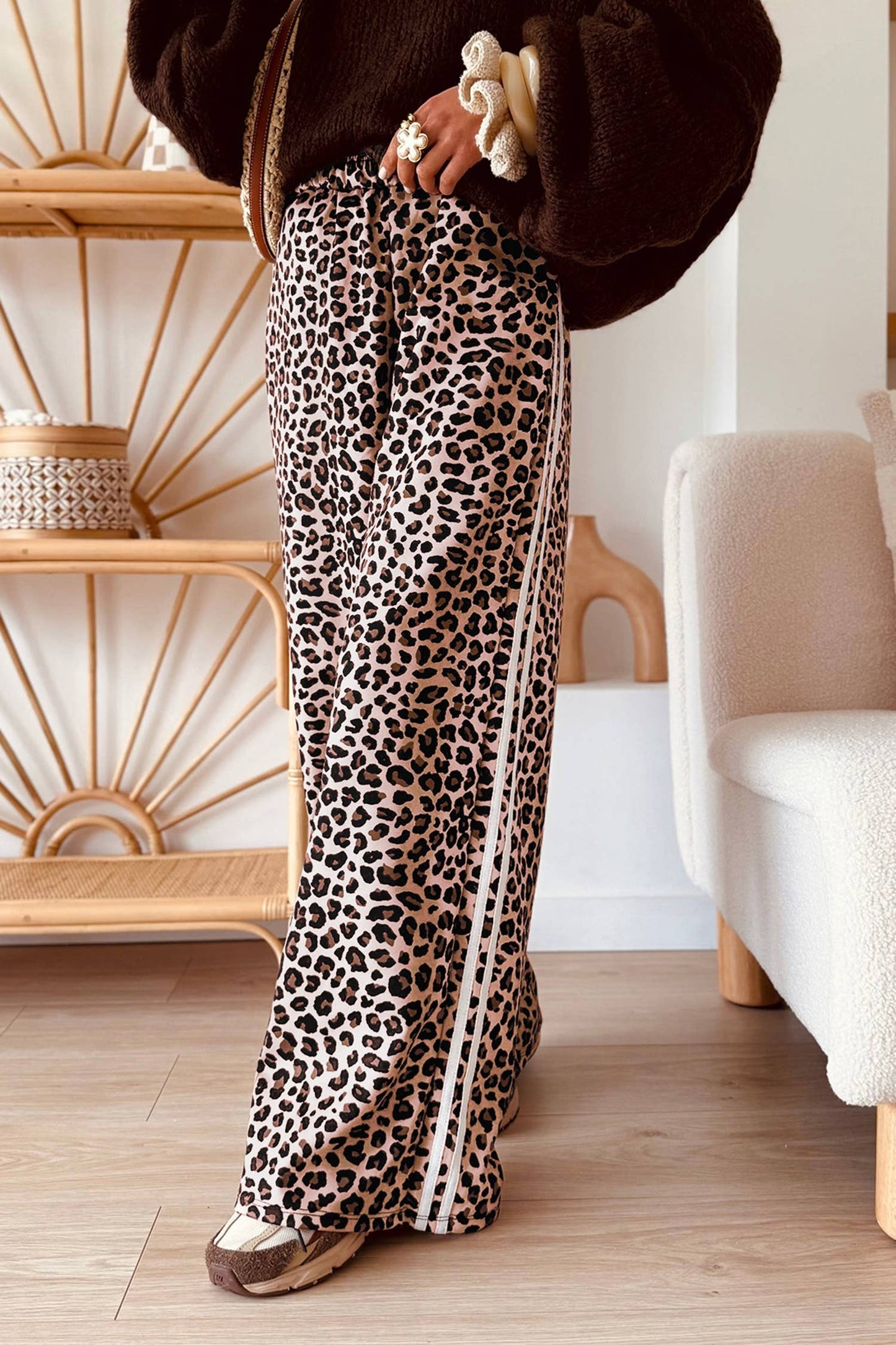 Leopard Wide Leg Side Stripe Full-Length Trousers