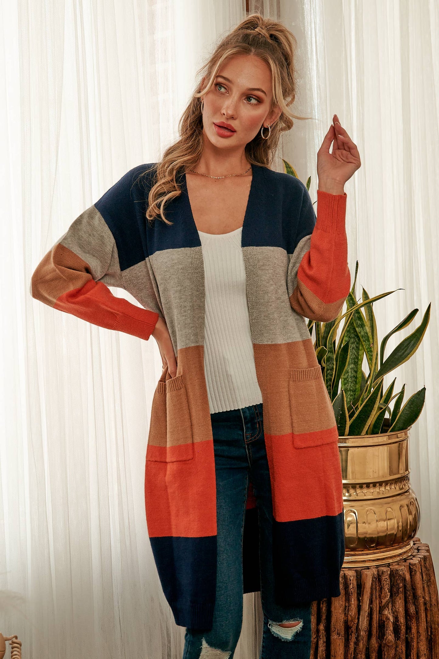 Color-blocked sweater cardigan-SW6058