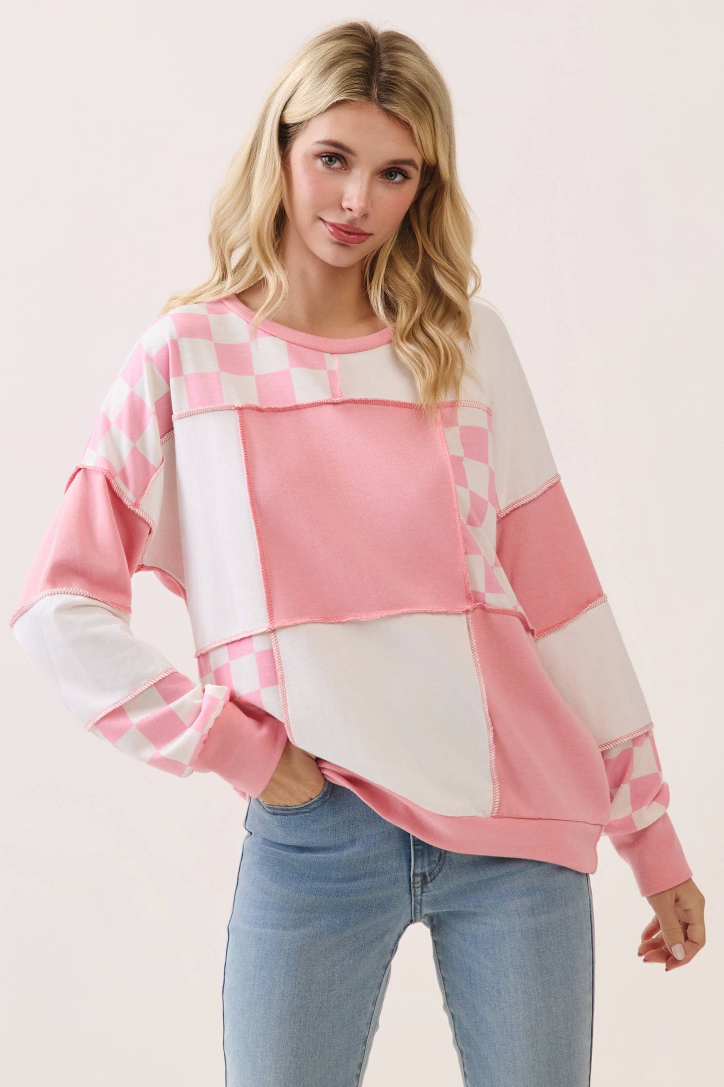 Checkered Print Patchwork Top