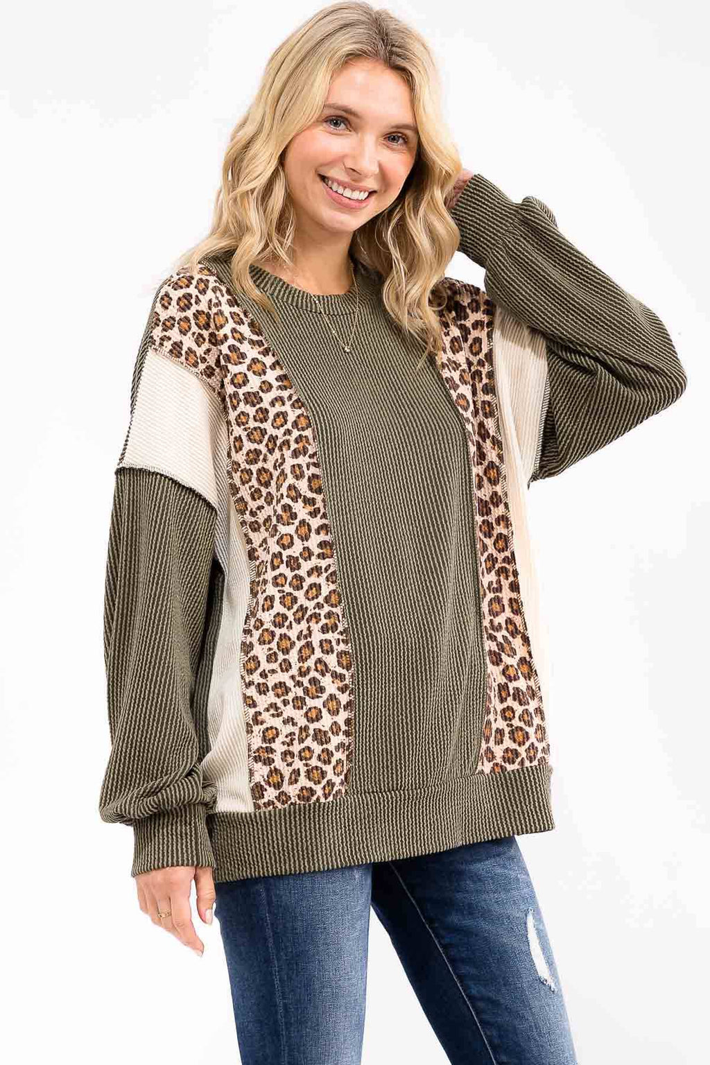 Color Block Rib Knit Oversized Pullover Top T6109