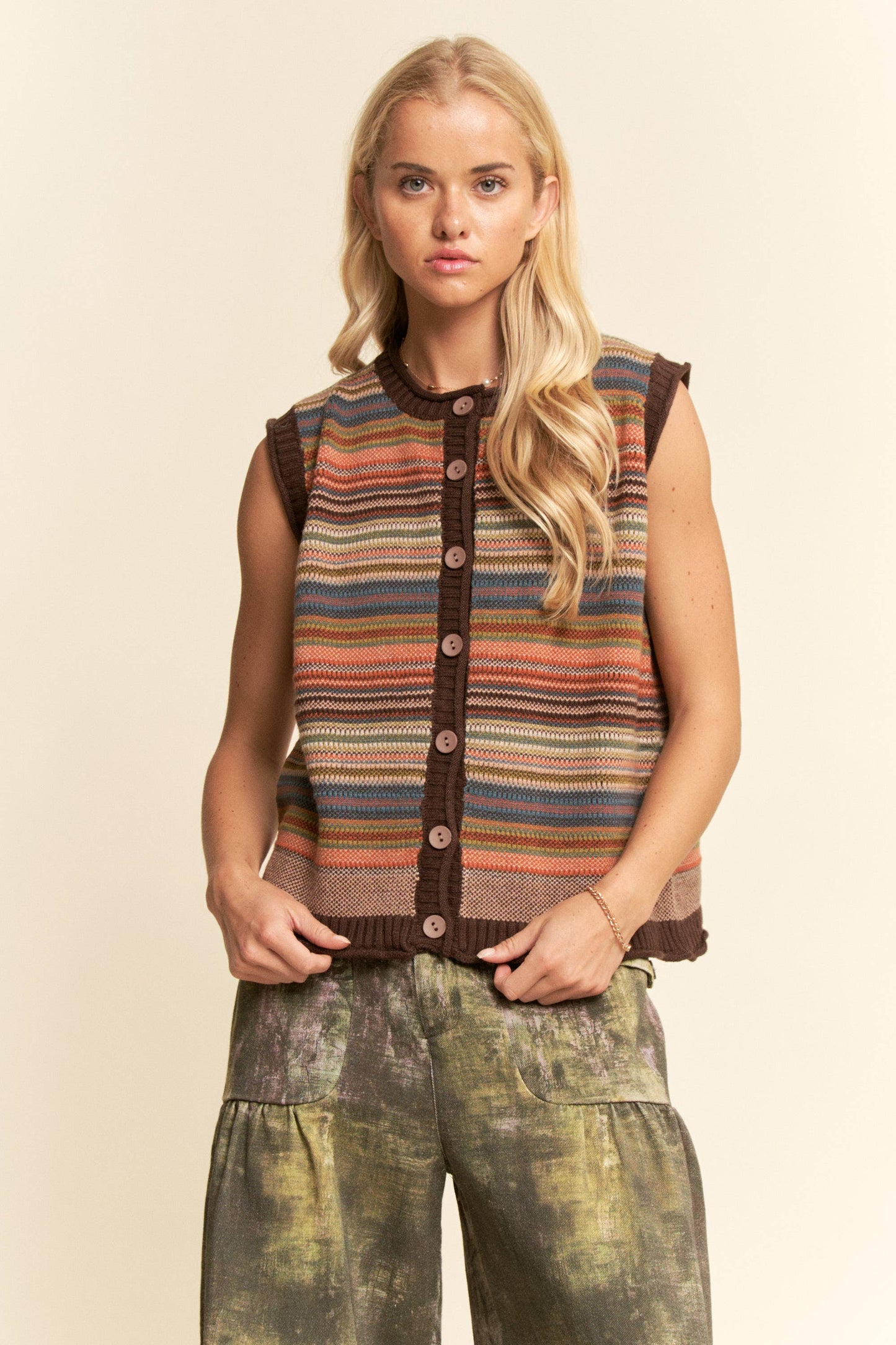 BUTTON-DOWN FRONT MULTICOLOR STRIPES RIBBED TRIM